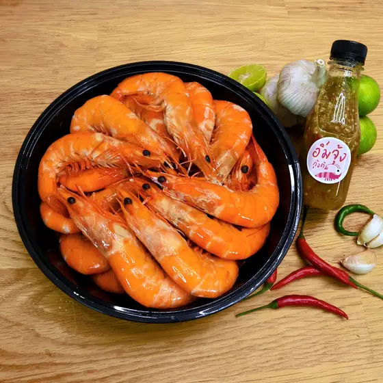 กุ้งต้มอิ่มจุ้ง ไซส์จัมโบ้ 1 กิโลกรัม พร้อมน้ำจิ้มซีฟู้ดขวด