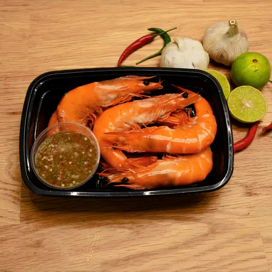 กุ้งต้มอิ่มจุ้ง ไซส์จัมโบ้ 300 กรัม พร้อมน้ำจิ้มซีฟู้ด