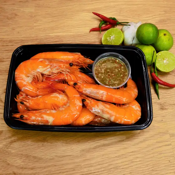 กุ้งต้มอิ่มจุ้ง ไซส์จัมโบ้ 500 กรัม พร้อมน้ำจิ้มซีฟู้ด