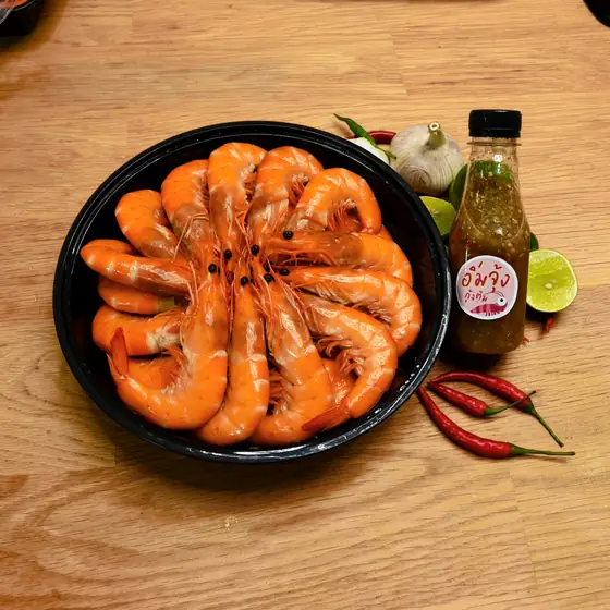กุ้งต้มอิ่มจุ้ง ไซส์กลาง 1 กิโลกรัม พร้อมน้ำจิ้มซีฟู้ดขวด