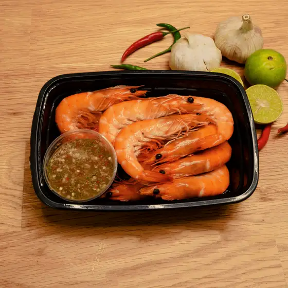 กุ้งต้มอิ่มจุ้ง ไซส์กลาง 300 กรัม พร้อมน้ำจิ้มซีฟู้ด