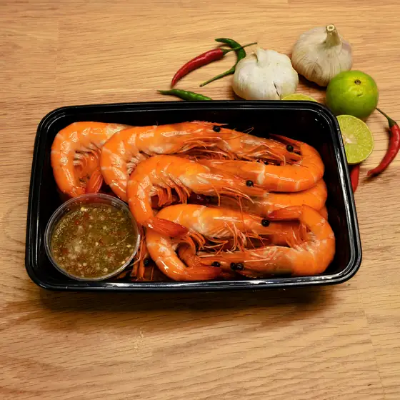 กุ้งต้มอิ่มจุ้ง ไซส์กลาง 500 กรัม พร้อมน้ำจิ้มซีฟู้ด
